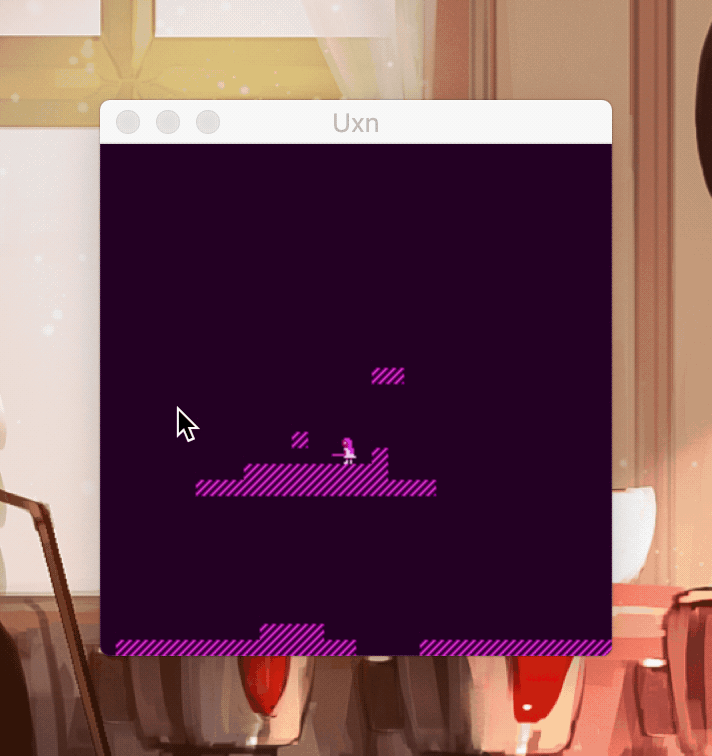 A little pixel girl with a sword runs around on a 4-color screen on striped tiles.